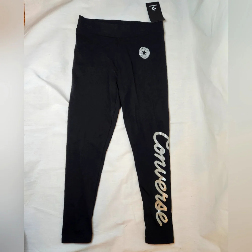 NWT Converse Leggings Girls Size Large Black Silver - Picture 1 of 3